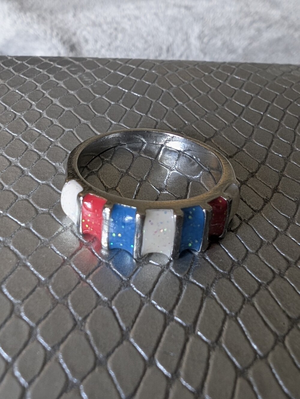 925 Sterling Silver Vintage Enamel Inlay Sparkle Rainbow Ring Sz 8